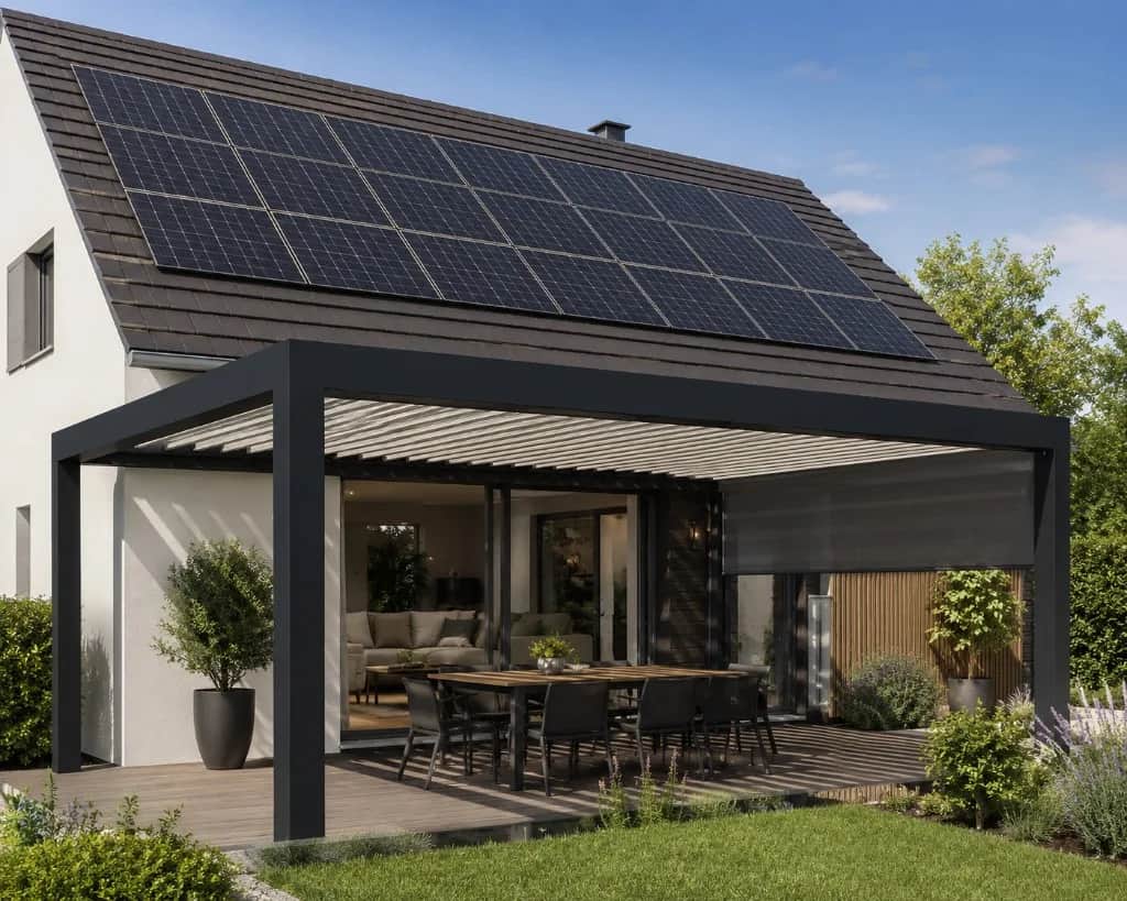 Maison moderne avec terrasse et panneaux solaires photovoltaïques