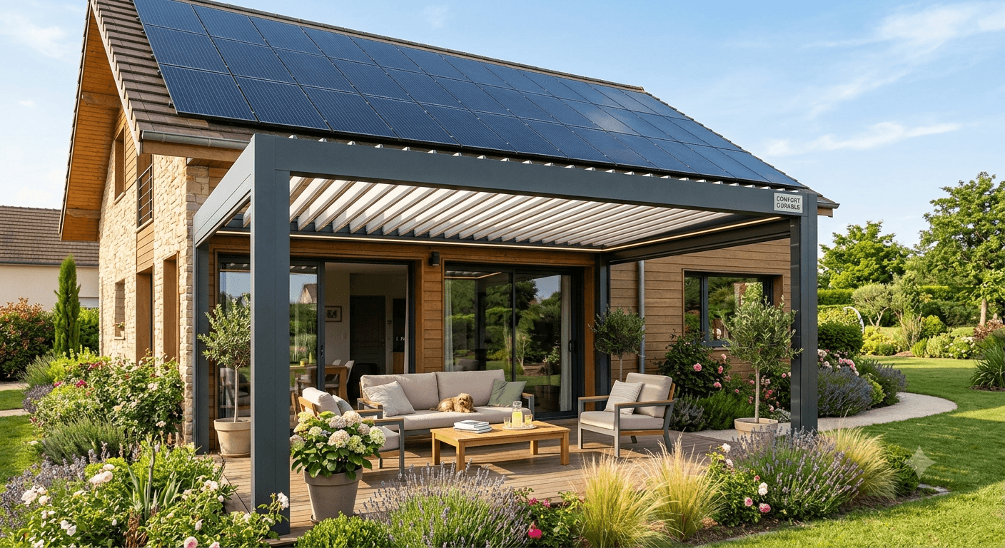 Pergola Bioclimatique + Panneaux Solaires en Toiture : Le Combo Gagnant pour Votre Maison